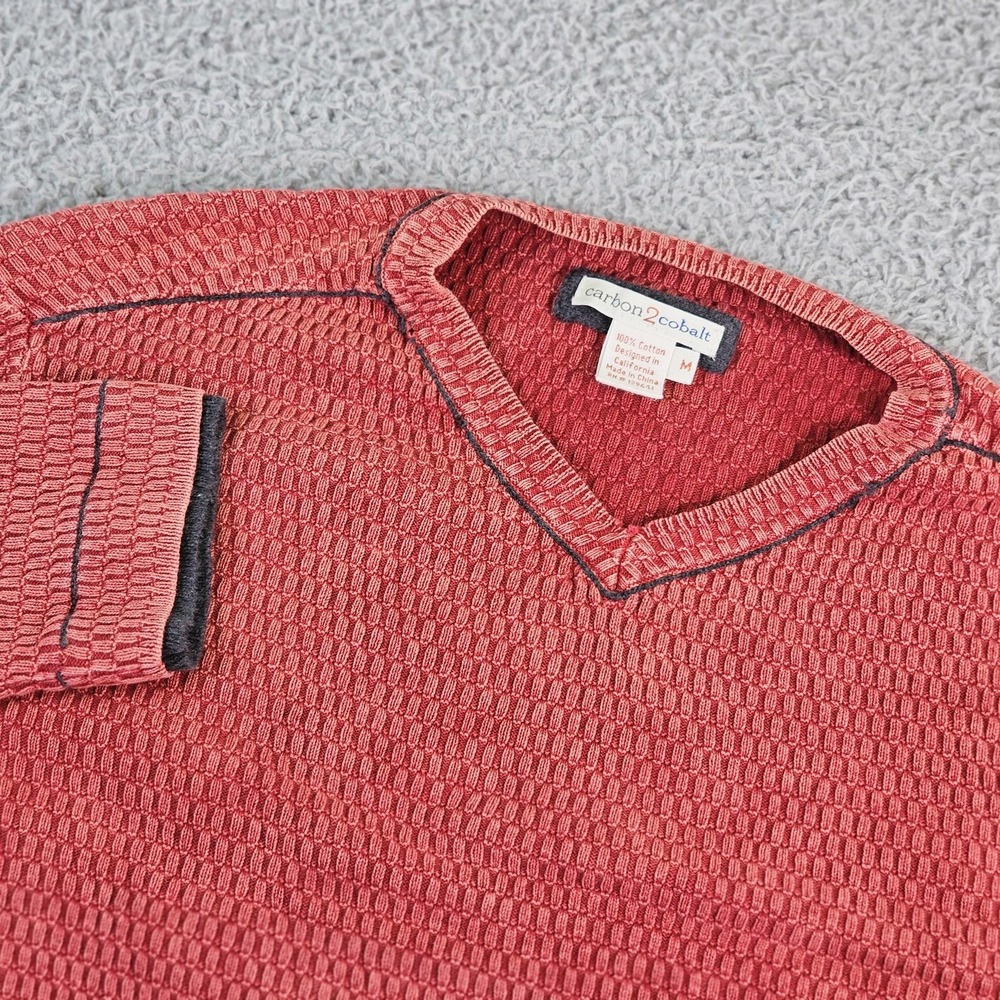 Carbon2cobalt Sweater Mens Medium Red 100% Cotton Waffle Knit V Neck Pullover